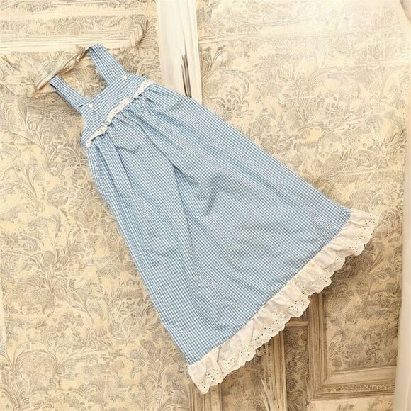 Vintage Blue Checkered Gingham Button Babydoll Dress 12 Cottage Dorothy - Picture 1 of 7